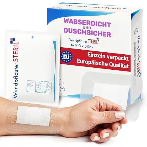 MedTreu 100% Wasserfestes Wundpflaster steril 6x7 cm – 100 Stück einzeln verpackt | Selbstklebender Duschpflaster wasserfest mit saugfähigem Pad | Wasserdichte Pflaster - wundauflage (6x7cm)