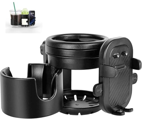 ZealSound Porte-gobelets 3-en-1 pour Poussette avec Support téléphone 360° réglable, Porte-gobelets Simple ou Double, Compatible poussettes, fauteuils roulants, vélos et Chariots