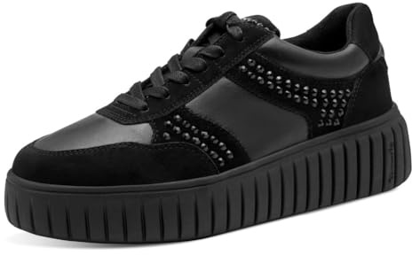 Tamaris Baskets Femme en Cuir Noir avec Strass, Semelle Extractable, 23776, Noir , 38 EU