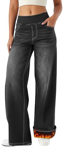 LaiEr Large Fleece Lined Wide Leg Jeans for Women High Waisted Thermal Jeans Thick Ladies Sports Yoga Straight Tube High Elasticity Casual Denim Pants Winter Warm with Pockets(DarkGreyM)