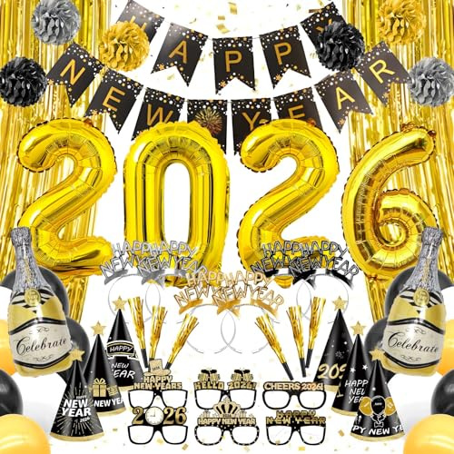 Alaiyaky Silvester Deko 2026,Neujahr Deko 2026 Set Beinhaltet Happy New Year Banner Silvester Brille Partyhüte Partypfeifen Haarband Luftschlangen Gold Goldene Fransenvorhänge für Partys