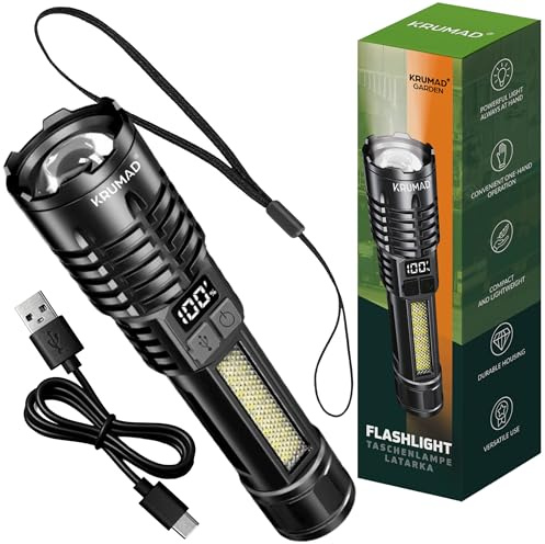 KRUMAD Lampe de poche LED rechargeable - Lampe de poche avec lumière latérale COB, indicateur de batterie et 5 modes d'éclairage - USB-C, étanche, idéale pour le camping, l'atelier et les pannes