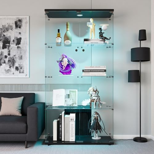 Glasvitrine Standvitrine, Vitrinenschrank mit Schloss und LED-Beleuchtung, Sammlervitrine mit 2 Türen und 4 Regalen, Glas Vitrine für Sammlerstücke, Bücher, Wein, 80.5x36.5x164 cm (Schwarz, 2 Türen)