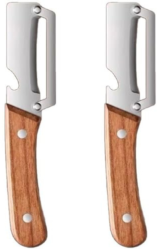 FACAIIO Pelador de verduras multifuncional para cocina, hoja de acero inoxidable 2 en 1 con abridor de botellas integrado, mango de madera antideslizante, paquete de 2