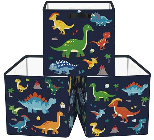 Clastyle Set di 3 Cubi Portaoggetti Ripiegabili Dinosauro Kallax Contenitori Vulcano per Scaffale Scatole Portaoggetti Genitore per Libro Giochi, Nero, 30x30x30 cm