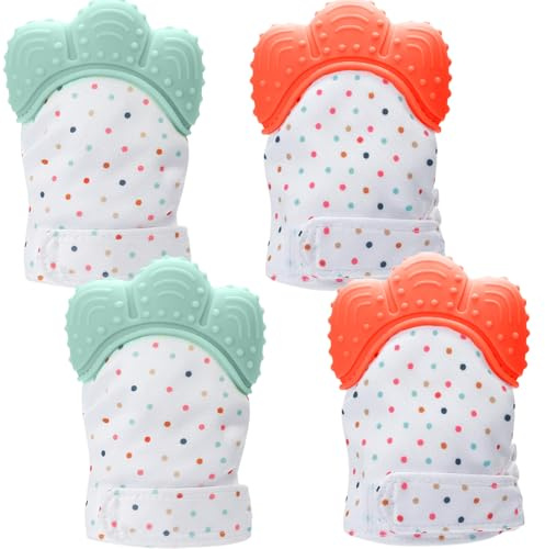 2 Paia Guanti da Dentizione, Guanti da Dentizione per Bambini in Silicone Alimentare Regolabili Membrana Fonica Incorporata, Guanto Stimolante Sensoriale per Bambini da 3 a 6 Mesi