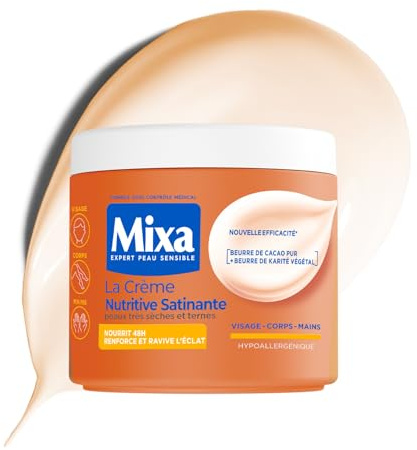 MIXA - Crème Hydratante Anti-Grisaille - Nourrit Intensément 48H & Ravive l’Éclat - Beurre de Cacao Pur & Karité - Peaux Très Sèches, Mates à Foncées - 400ml