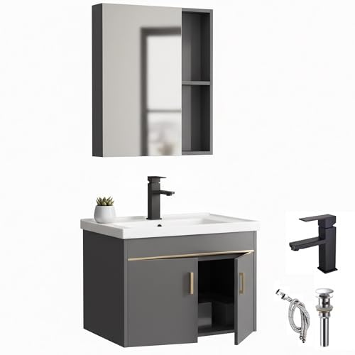 YINXSLO Mobile Bagno Sospeso 60cm con Lavabo e Specchio a Armadietto | Mobiletto Bagno Salvaspazio Moderno con Lavabo in Ceramica con Rubinetto e Scarico, Set di Mobili da Bagno per Bagno