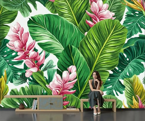 Carta Da Parati Panoramica Foglie Di Banano Fiori Di Zenzero, 200x140cm Murali Panoramica Stile Tropicale, Verde Poster Gigante Design Cameretta Carta per TV Soggiorno Ristorante Decorazione