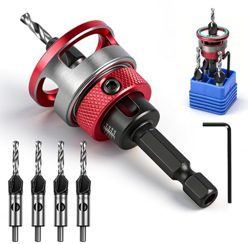 7 PCS Countersink Drill Bits Set, 4PCS Four-Flute HSS M2 Tapered Drill Bits and Adjustable Depth Stop Collar, 1/4 Inch Hex Shank, 3.2/2.8mm Drill+8/10mm 82° Counter-Bore,Precise Drills for Woodworking