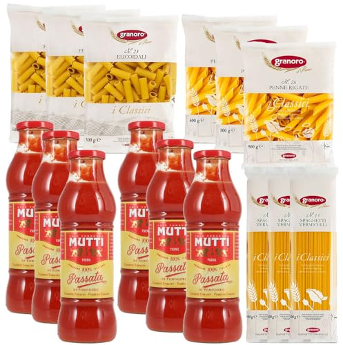 Box SCORTA 3 Pasta Vermicelli Spaghetti + 3 Pasta Penne rigate + 3 Elicoidali Granoro Gr 500 + 6 Passata di pomodoro Mutti gr 700