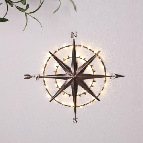 Solar LED Metal Nautical Compass Wall Art Garden Decoration LED Solar Powered Garden (North Soth East West) Compass Ornament Hanging Wall Light Up Compass for Garden Wall