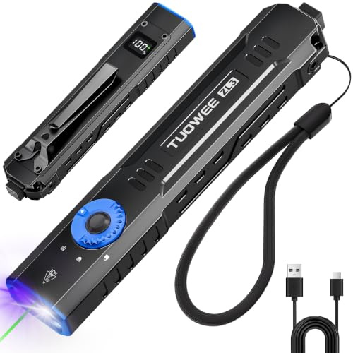 TUOWEE LED Torch Rechargeable, 1000 Lumens Flat EDC Torch with UV Light, Dual Switches, Digital Display, Waterproof Pocket Torch for Outdoor, Home & Emergency