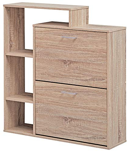 FineBuy Moderner Schuhkipper MASSA Holz 2 Fächer Sonoma Eiche 12 Paar Schuhe, Schuhschrank 85 x 24 x 93 cm, Schuhkommode Flur mit Ablage Regal