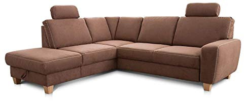 Cavadore Ecksofa Wisconsin mit Vorziehsitz / Eckcouch mit Federkern / Inkl. 2 Kopfstützen + Bettkasten / Landhausstil / Holzfüße in Buche / Mikrofaser / Größe: 248 x 88 x 218 cm (BxHxT) / Farbe: Braun