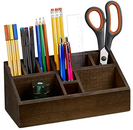 Relaxdays Stiftehalter, Schreibtisch Organizer aus Bambus, mit 10 Fächern für Stifte und Zettel, Ablage, Dunkelbraun