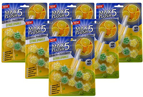 6 Pack Max Flush 5 Citrus Sparkle Toilet Rim Block Cleaner (Twin Pack), Clear Water Toilet Rim Block with Anti-Limescale, Cleaning Foam, Dirt Protection and Extra Freshness