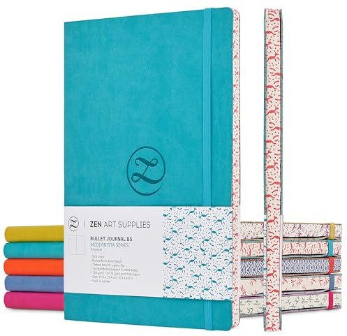 Aesthetic Large B5 Dotted Journal - Enjoy Bullet Journaling with a Soft Cover 7x10 inch, Non-Bleed Thick 120gsm Paper with Japanese Edge Motif - Turquoise Faux Leather Lay Flat Dot Notebook
