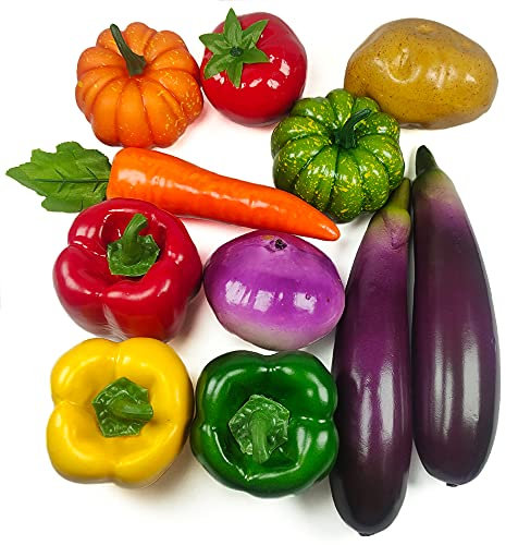 Laiiqi 11 Pcs Artificial Vegetables, Faux Fake Mixed Vegetables Decoration Home Kitchen Realistic Fake Food display veggies Set Faux Eggplant, Bell Peppers, Small Pumpkin, Radishes