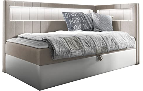 Mirjan24 Boxspringbett Junior Gladino III mit Bettkasten und LED-Beleuchtung Continentalbett Bonell-Matratze Topper Polsterbett Amerikanisches Bett (Soft 017 + Fresh 1, 100 x 200 cm, Seite: Rechts)