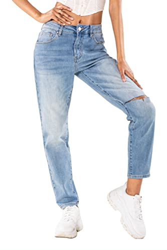 Nina Carter Jeans da donna Boyfriend a vita alta MOM Jeans Cutted Knee look usato effetto lavaggio, Blu (Q1886-1), XS