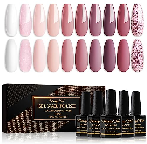 Shining She 10 Farben UV Nagellack Rosa,Glitzer Pink Nude Weiss Rotbraun Gel Nail Polish Soak-Off UV Gel Nagellack für Anfänger DIY Salon Nail,Nagelkunst Set für Frauen 8ML