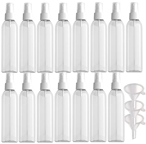 PQPAUTY 15 Piezas Pequeño 150ml Botella de Spray Plástico PET Vacías Transparentes con Bomba en Spray Blanco de Niebla Atomizador para Perfume Viaje Artículos de Agua Cosmético, 3 Pieza Embudo