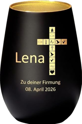 4you Design Windlicht Kreuz mit Namen, Datum graviert (Metall-Schwarz-Gold) Geschenk zur Firmung, Teelichthalter für Patenkinder, Personalisierte Geschenkidee