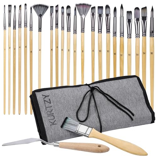 Kurtzy 24-Teiliges Aquarell Pinsel Set mit Etui - Nylonhaar-Pinselset Acrylfarben, Aquarell-, Gouache- & Ölgemälde - Ideal für Gesichtsbemalung, Modellbau, Nagelkunst & Felsmalerei