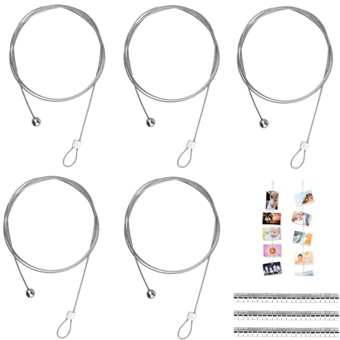 5 Stück Fotodrahtseil, Fotokette mit 60 Knopfmagnete zum Aufhängen von Fotos Bildaufhängung Seil 2m * 1.5mm Fotokette Stahlseil mit Ösen und Haken Ideal zum Fotos und Kinderzeichnungen Aufzuhängen