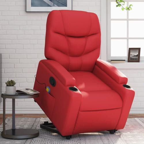 Homgoday Massagesessel mit Aufstehhilfe, Relaxsessel, Aufstehsessel Fernsehsessel mit Liegefunktion TV Sessel Ruhesessel Liegesessel Sessel, für Wohnzimmer Rot Kunstleder