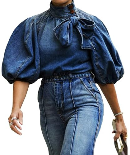 Women's Bow Design Denim Pullover Top Button Up High Neck Fashionable Jacket with Elastic and Puff Sleeves(Dark Blue,M)