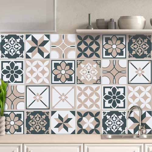 AREDE 32 x Feuilles Mural Stickers Carrelage 2D Imperméables Carreau de Ciment Adhesif, Autocollants Carreaux Dosseret pour Cuisine, Salle de Bain la Décoration à la Maison / 15 x 15 cm / T1027