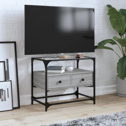 Homgoday TV-skåp golvglas Sonoma grå 60 x 35 x 51 trä i flera lager, möbler TV-bord, TV-skåp, vardagsrum TV-skåp, industriellt TV-stativ