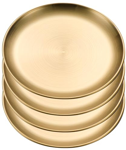 WATUNID 4 Pcs 20cm Gold Stainless Steel Dinner Plates, Round Meta Tray | Food-grade Material,Rust-Resistant and Corrosion-Proof, Impact-Resistant Sturdy Build, for Barbecue, Picnics, and Outdoor Use