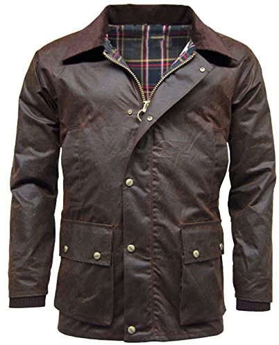 Giacca cerata da uomo Barker con cappuccio staccabile e fodera in tartan, per adulti, vintage, a maniche lunghe, con cerniera e borchie, Marrone, M