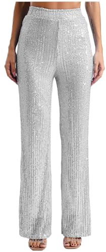 iEFiEL Damen Pailletten Hosen Glitzer Weite Bein Hose Silber 70er 80er Hose Disco Tanzkostüm Rave Party Tanzhosen Silber L