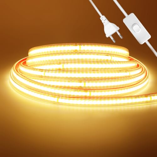 Wisada COB Streifen 5M,Anschluss an AC220-240V Selbstklebend Innen COB LED Band mit Schalter Stecker, Schnitt alle 10cm, 240LEDs/m Flexible Superhell Warmweiß LED Lichtband für Weihnachten