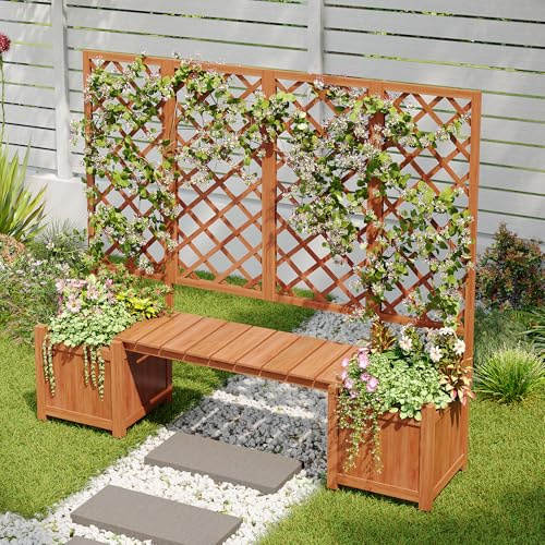 Gegtuon Blumenkasten Pflanzkasten mit Rankgitter und Sitz per Garten Balkon, Pflanzkübel aus Holz mit Spalier per Terrasse, Pflanzgefäß Hochbeet Outdoor als Sichtschutz per Hof, 169x145x42 cm, Braun