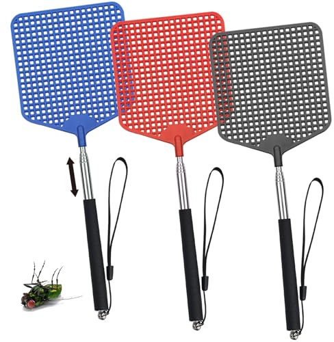 3 Stück Fliegenklatsche, Fliegenklatsche Ausziehbar, Fliegenklatsche Hand, Insektenklatsche mit Stark Teleskop Griffür Für Verwendet, Mücken Und Andere Insekten Abzuwehren(Schwarz, Rot, Blau)