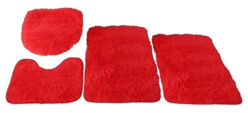 Insun Badezimmerteppich Set 4 Teilig, Flauschig Badezimmerteppich Anti-Rutsch Waschbar mit WC Vorleger und Toilettendeckelbezug Rot