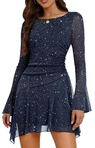 Aupuls Robe scintillante pour femme - Taille froncée - Robe de soirée modeste à manches cloches pour cocktail