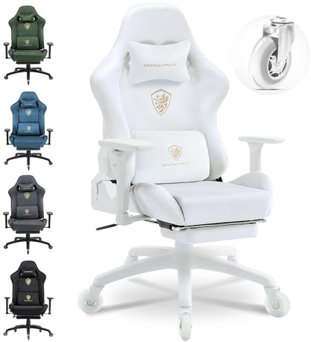 Dowinx Gaming Stuhl,Ergonomischer Wildlederimitat Gamer Chair,Gaming Sessel,Verstellbar Fußstütze und 3D Armlehnen,200KG Tragkraft Bürostuhl mit Geräuschlose Rollen,Schreibtischstuhl,Weiß