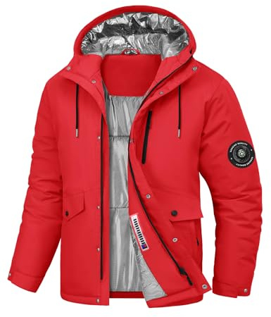 TOMEEK Men's Waterproof Fleece Hooded Jackets Warm Winter Coat Windproof Ski Jacket with Multi-Pockets Outdoor Compass Coats(Red,L)