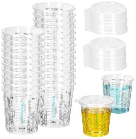 YKUKIZEE 25 Pcs 400 ml Paint Mixing Cups with 25 Lid, Resin Measuring Cups | for Epoxy, Pigment, Acrylic Paint, Automotive Paint, Liquids, 13 oz Clear Graduated Cups