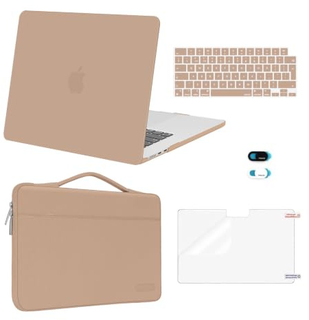 MOSISO Kit 5-en-1 Coque Compatible avec MacBook Air 15 Pouces M5 M4 M3 M2 | Coque Pour MacBook Air 15 Pouces 2026-2023 A3448 A3241 A3114 A2941, Sac&Clavier&Film D'écran&Cache Webcam,Brun Bronze