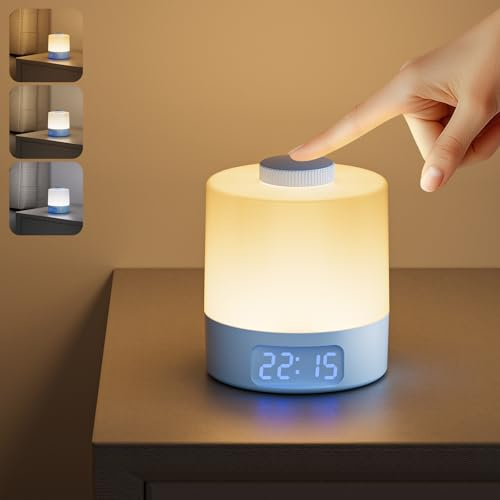 WOBANE LED Nachttischlampe Dimmbar,3600mAh USB Aufladbar Nachtlicht Kinder,3 Lichtfarben Tischlampe Kabellos mit Digitaluhr,Stilllicht Baby für Schlafzimmer,Wohnzimmer,Camping,Kein Wecker