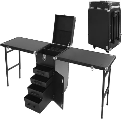 Kosmetikkoffer Trolley Faltbar Erweiterbar 2-Tisch&4-Schublade mit Teleskopgriff Zahlenschloss Schminktisch Schminkkoffer Make-Up-Koffer Kosmetik Koffer Nagelkoffer Nageltisch Friseurkoffer (Schwarz)