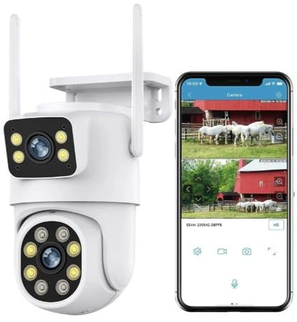 lvssiao Utomhus WiFi övervakningskamera med dubbla linser, 6 MP utomhus PTZ IP-kamera med dubbla linser, dubbel vy, mänsklig detektion, mörkerseende och tvåvägsljud
