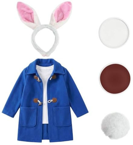 Adventurous Rabbit Set for Kids - 4 Piece Literary Character Outfit - Includes Blue Coat with Toggles, Plush Bunny Ears Headband, Fluffy Tail, and Brown Face Paint - Book Day Fancy Dress Costume